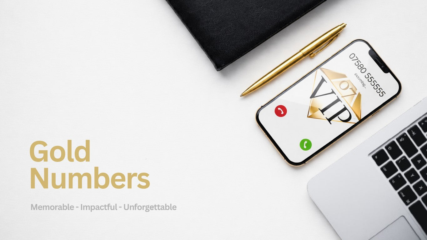 Gold Numbers premium business phone number branding with VIP incoming call on smartphone, ideal for UK companies wanting a memorable mobile number that builds trust and credibility.