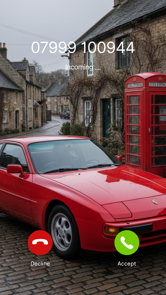 VIP UK mobile number {{ product.title }} on incoming call screen – premium memorable phone number with porsche 944 car