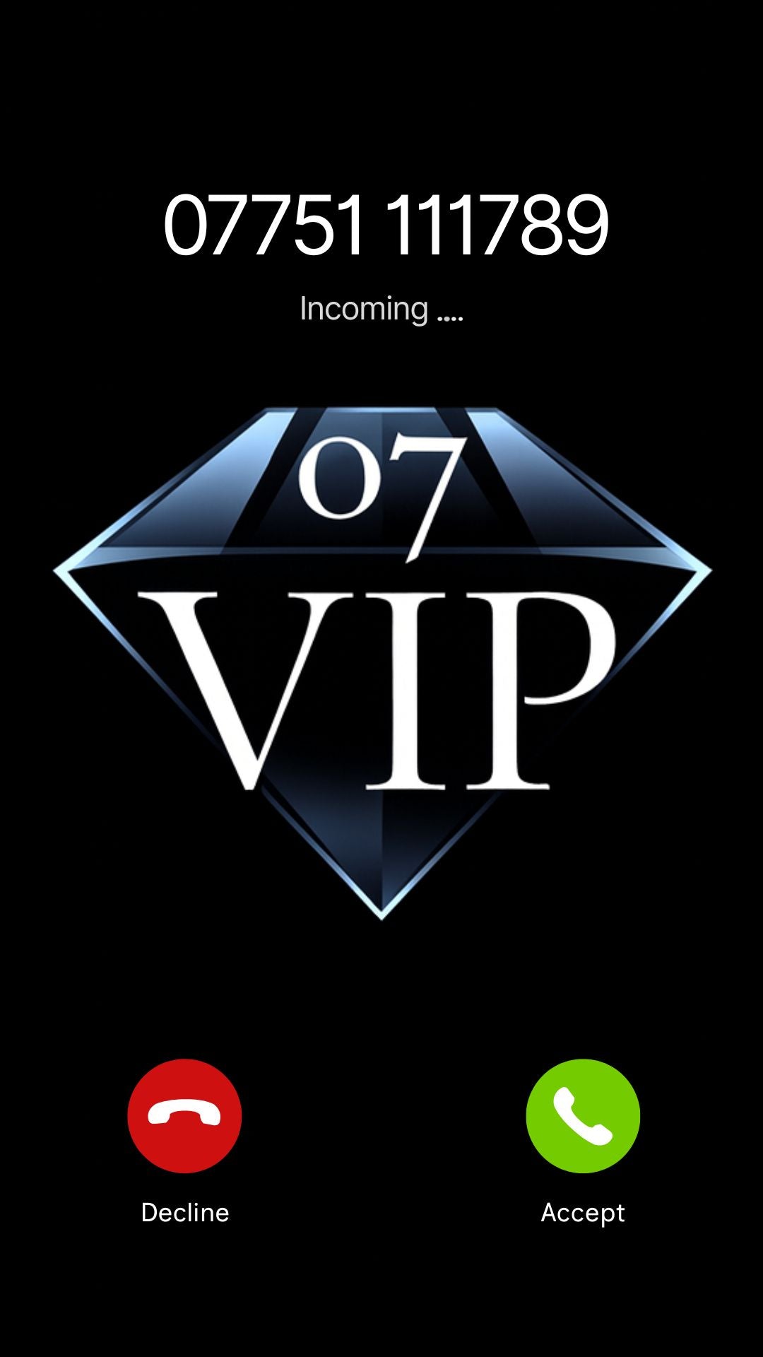 A digital graphic of a black screen with an incoming call notification showing the number 07751 111789 and 'Incoming .