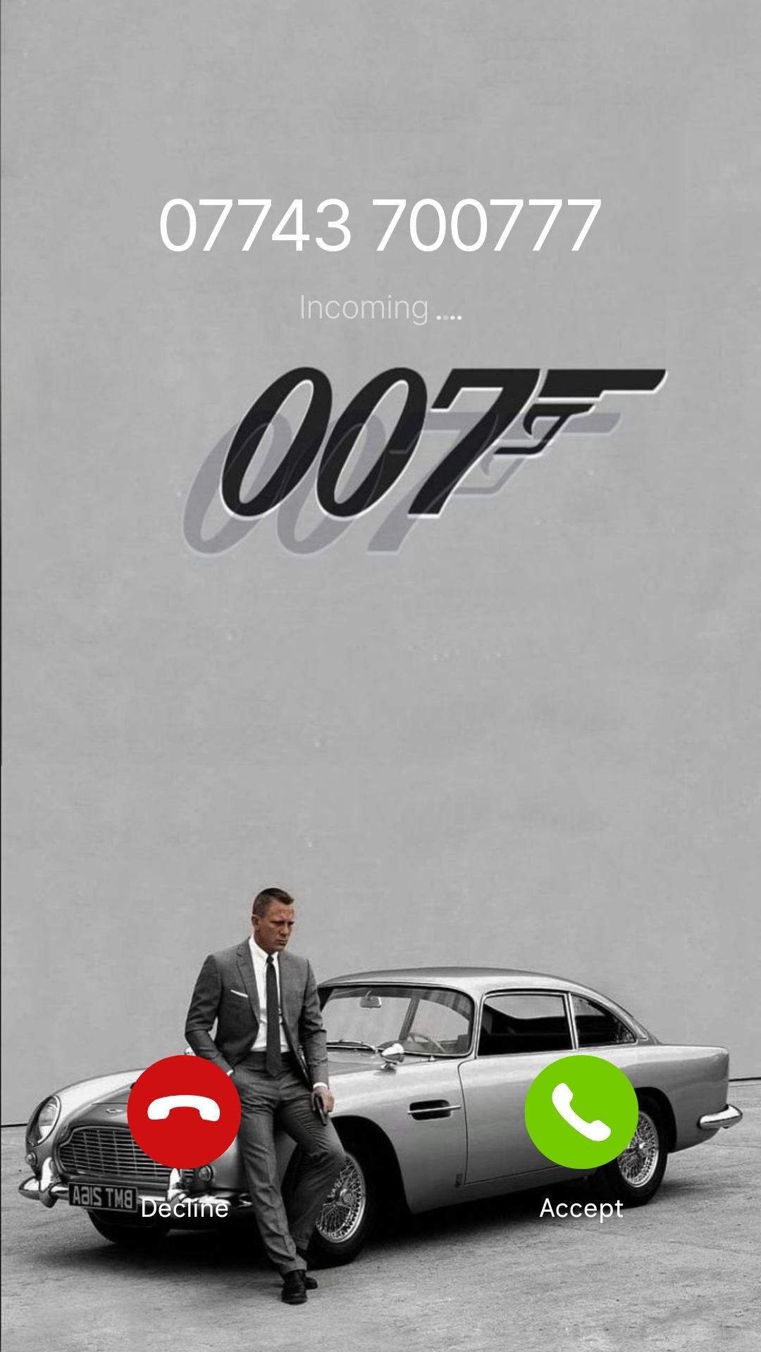 VIP UK mobile number {{ product.title }} on incoming call Phone screen with James Bond theme, including a phone call interface and Aston Martin DB5