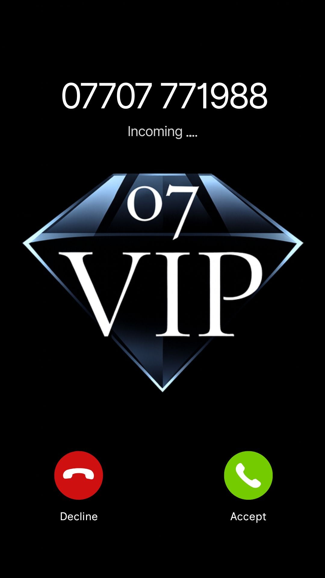 07707 771988 memorable VIP UK mobile number displayed as an incoming call with the 07VIP diamond logo