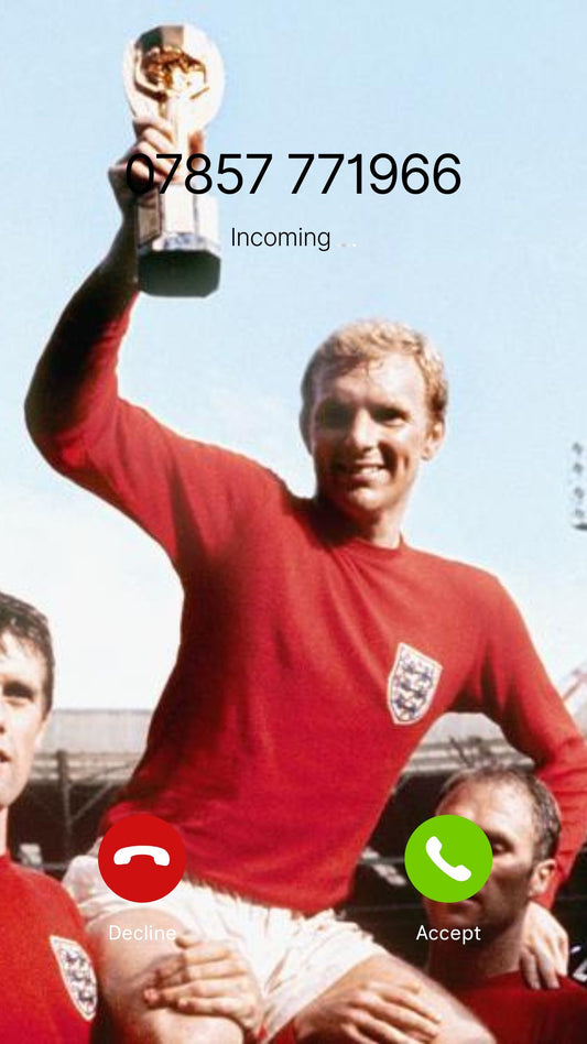 VIP UK mobile phone number {{ product.title }} on incoming call screen with vintage footballer holding a trophy and phone interface. – premium memorable phone number